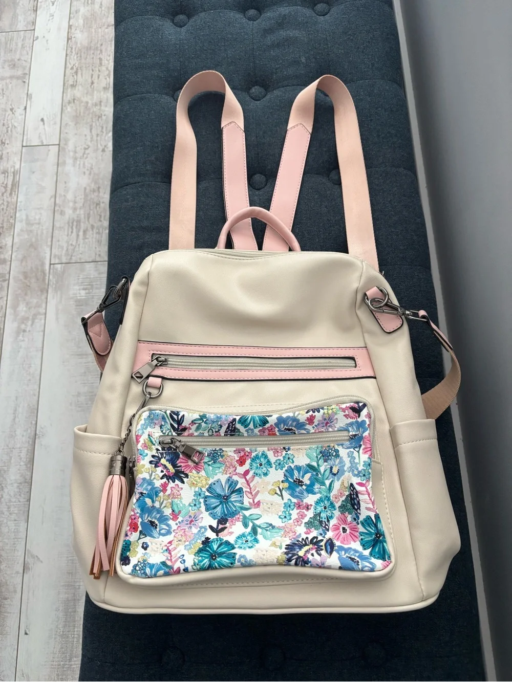 Cream and Pink Floral Front Pocket Women's Backpack